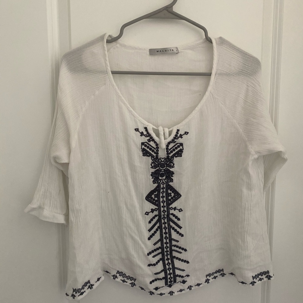 White Embroidered Crop Blouse